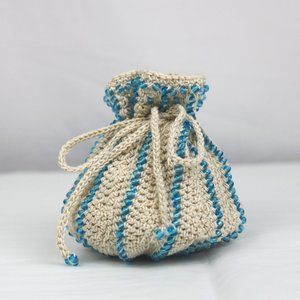 Blue Glass Beaded Cream Crochet Drawstring Pouch Bag